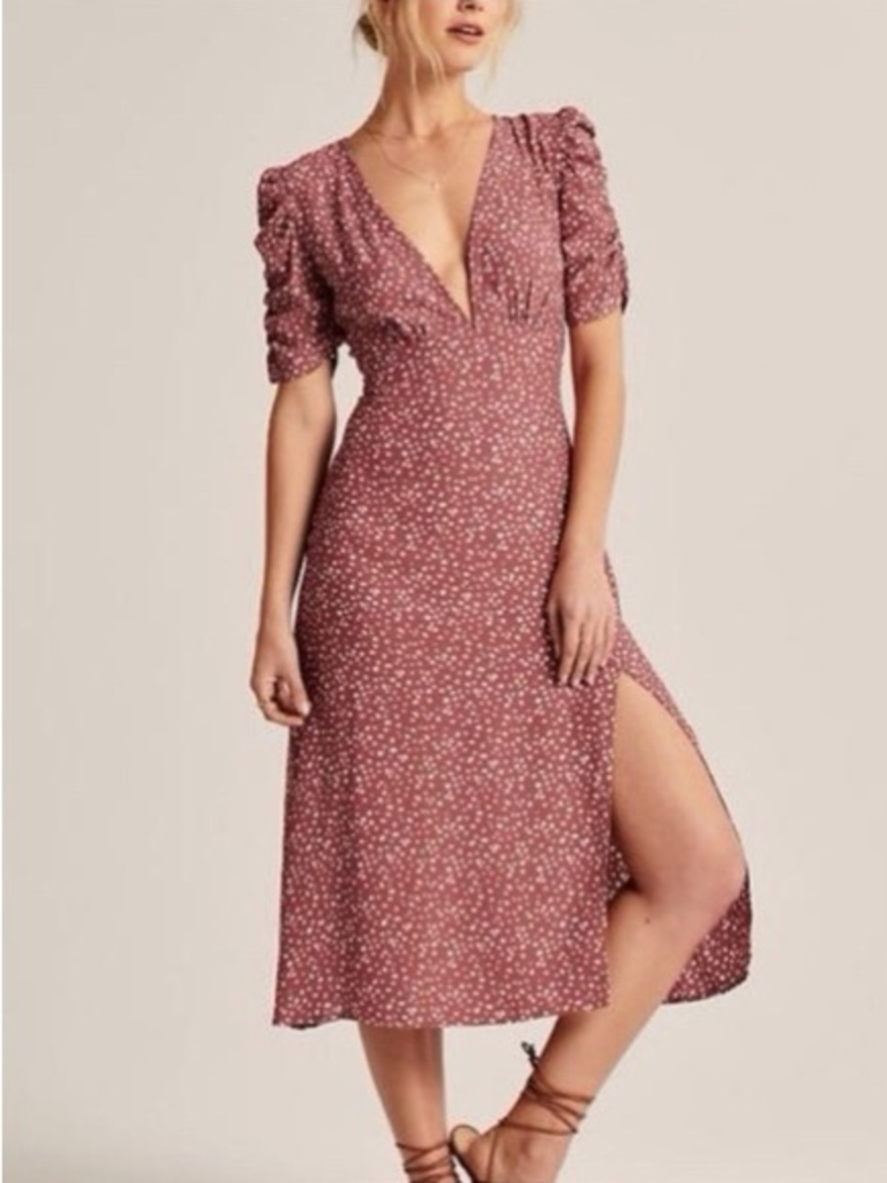Abercrombie and Fitch Floral V-Neck Open Back  Midi Dress in Dusty Rose - S